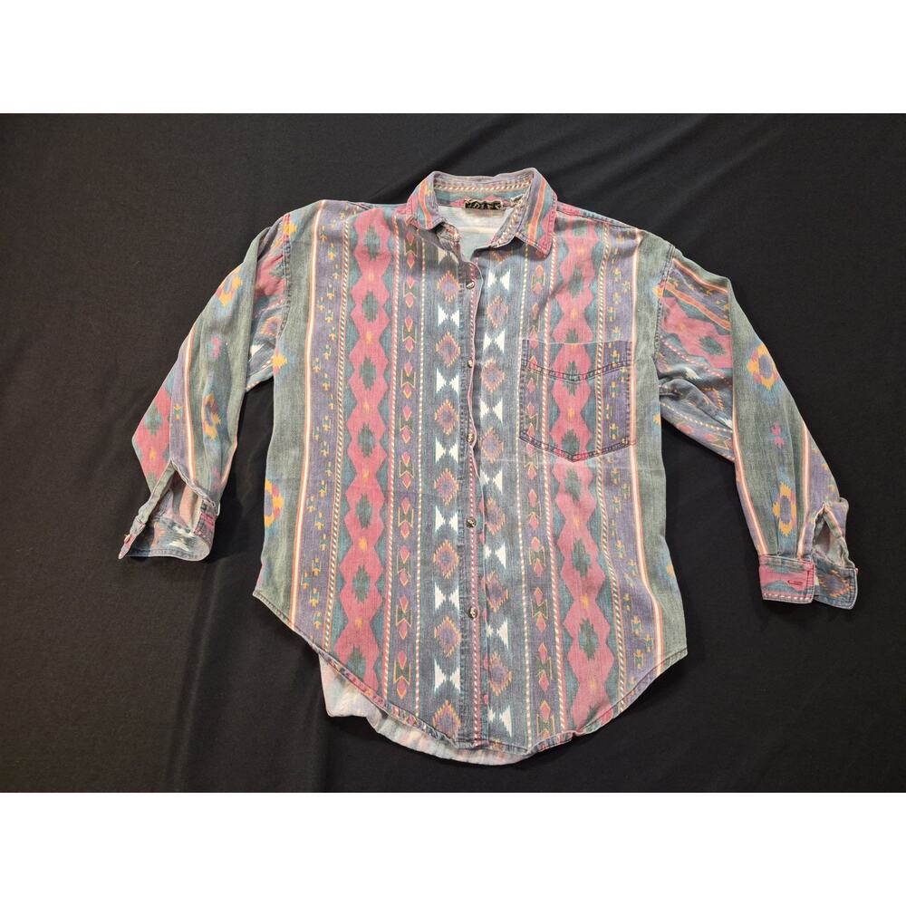 Vtg Womens Quizz Button-down Shirt Southwest Pattern 3/4 Sleeve Small
